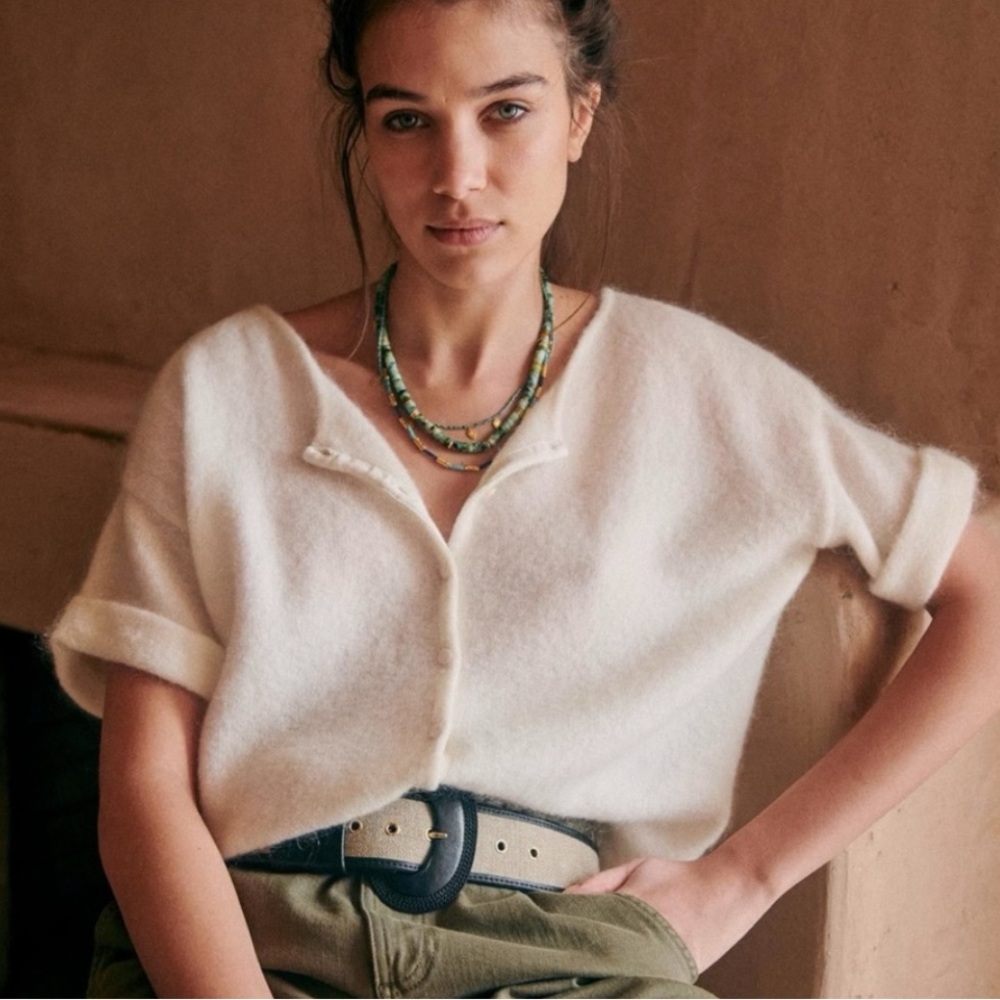 Sezane Cream Short-Sleeve Cozy Knit Cardigan